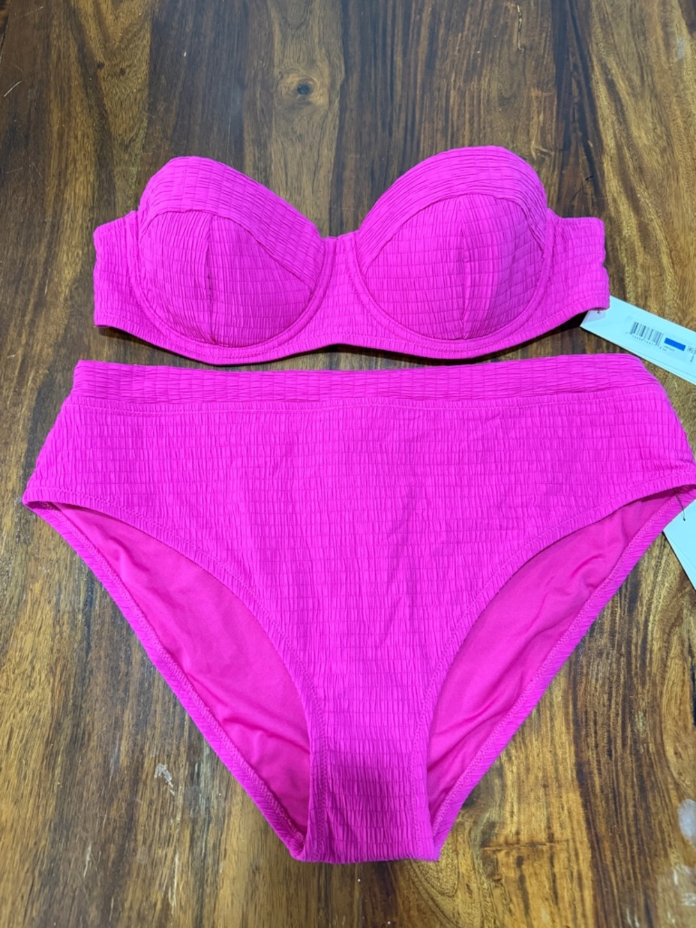 NWT DKNY Hot Pink Textured Bandeau Bikini Set| Exotic Resort Wear | Quiet Luxury